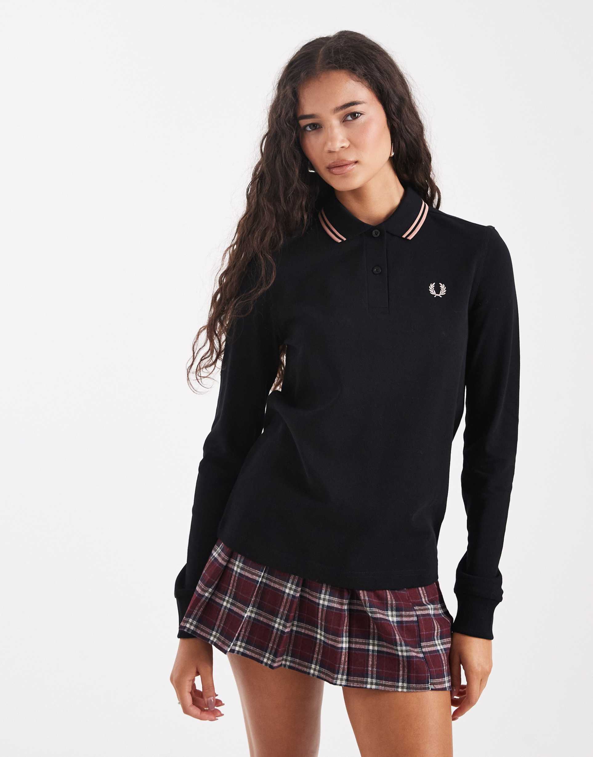 fred perry tipped long sleeve polo shirt in black
