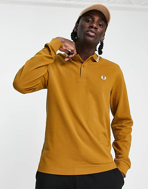 Men Fred Perry tipped long sleeve polo shirt in mustard 