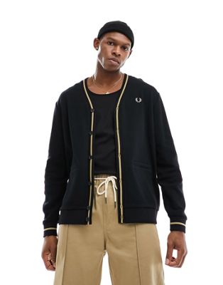 Fred Perry tipped pique texture cardigan in black