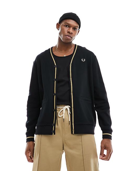 Fred Perry tipped pique texture cardigan in black | ASOS Fred Perry tipped pique texture cardigan in black | ASOS