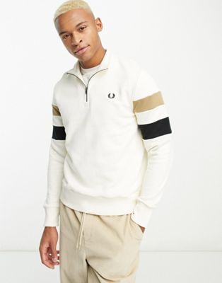Fred Perry tipped quarter zip sweatshirt in cream