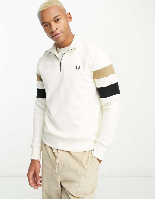 Fred Perry tipped quarter zip sweatshirt in cream ASOS