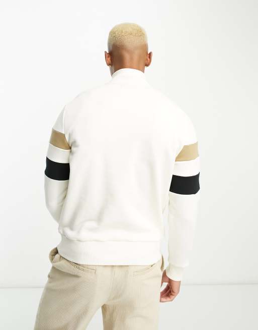 Fred Perry tipped quarter zip sweatshirt in cream | ASOS
