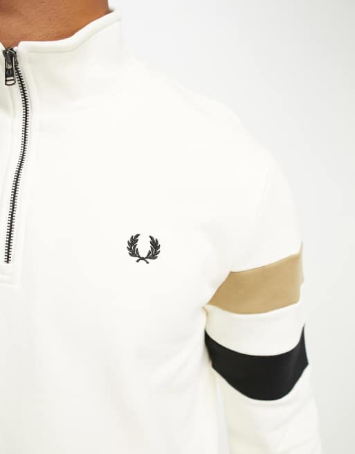 Fred Perry tipped quarter zip sweatshirt in cream | ASOS