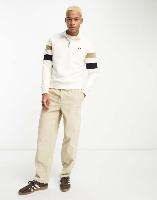 Fred Perry tipped quarter zip sweatshirt in cream | ASOS