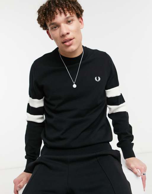 Fred Perry tipped sleeve crew neck jumper in black