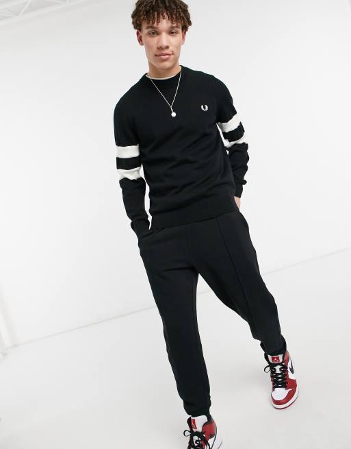 Fred Perry tipped sleeve crew neck jumper in black