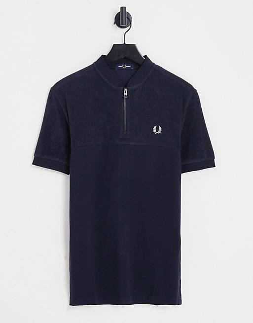 Fred Perry towelling panel polo shirt in navy