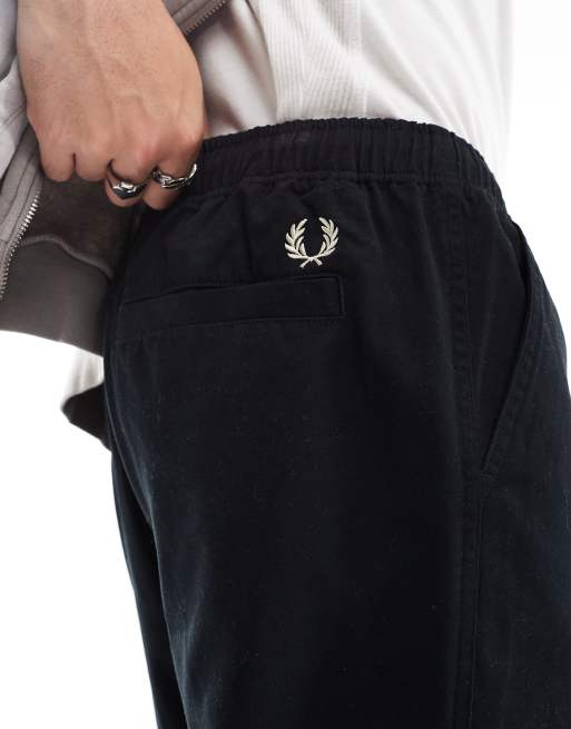 Fred Perry twill drawstring straight leg trousers in black