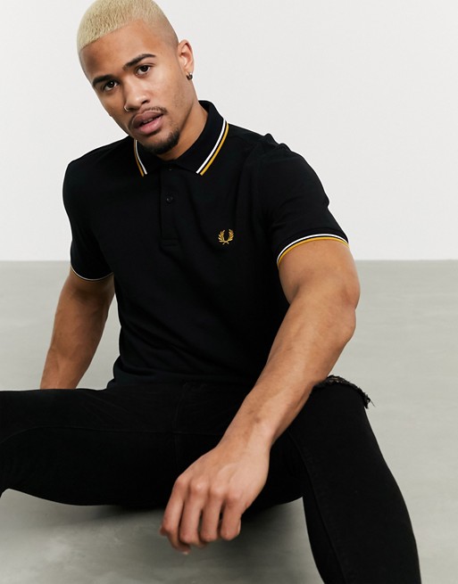 Fred Perry twin tipped logo polo in black/white/gold
