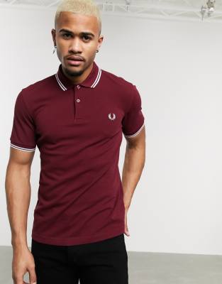  Fred  Perry  Twin Tipped Logo Polo In Burgundy In Red ModeSens