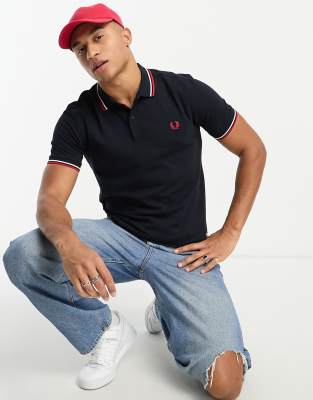 Fred Perry Twin Tipped Logo Polo In Navy/white/red