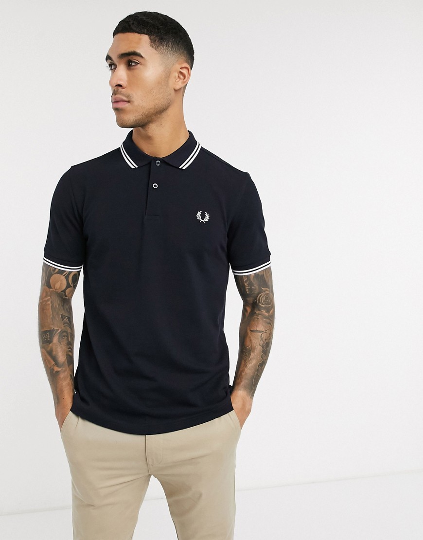 Shop Fred Perry Twin Tipped Logo Polo In Navy/white