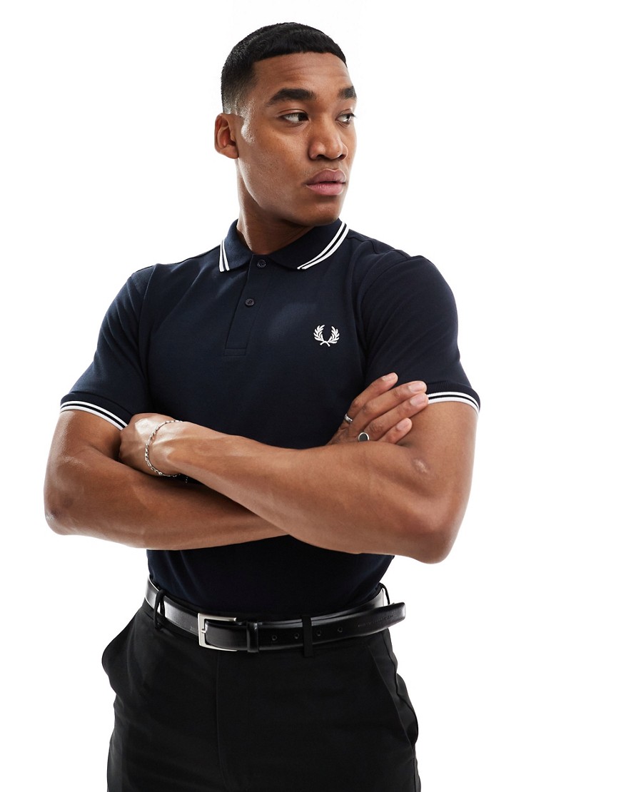 Shop Fred Perry Twin Tipped Logo Polo In Navy/white