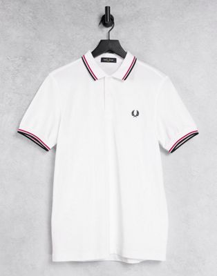 Fred Perry twin tipped logo polo in white/red/navy - ASOS Price Checker