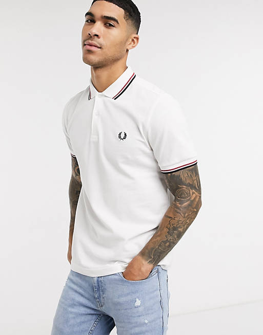 Fred Perry twin tipped logo polo in white/red/navy