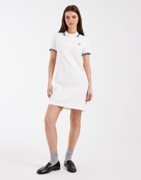Fred Perry twin tipped logo polo shirt mini dress in white - view 1