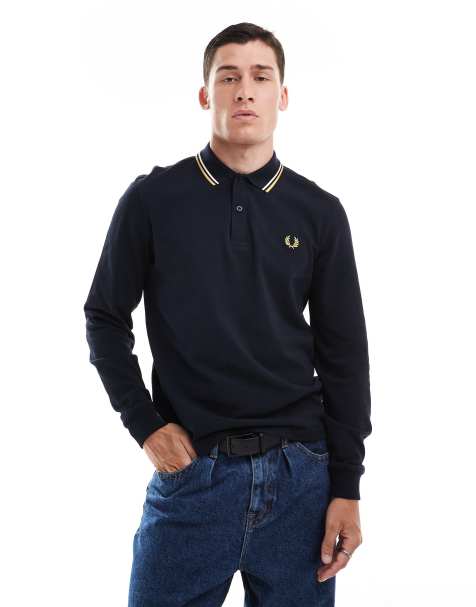 Fred Perry twin tipped long sleeve polo shirt in black - view 1
