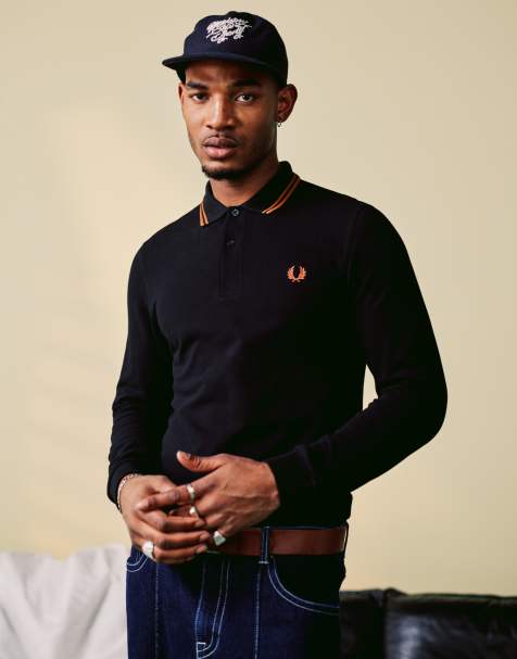 Fred Perry twin tipped long sleeve polo shirt in black - view 1
