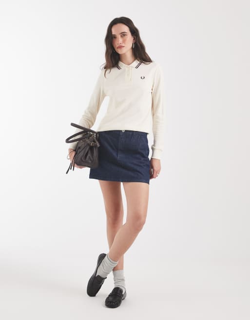 Fred Perry twin tipped long sleeve polo shirt in ecru with plum tipping, 3 of 4