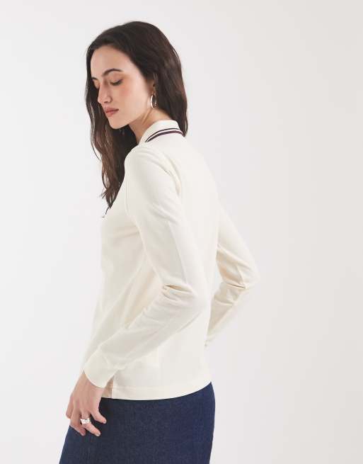 Fred Perry twin tipped long sleeve polo shirt in ecru with plum tipping, 4 of 4
