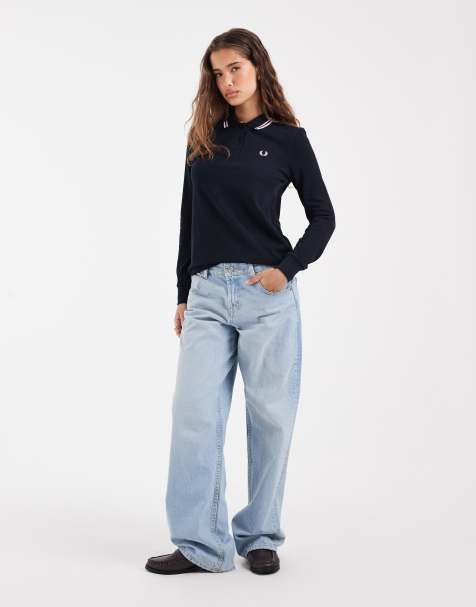 Fred Perry twin tipped long sleeve polo shirt in navy with pink tipping - view 1