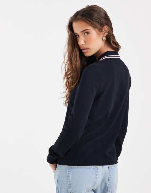 Fred Perry twin tipped long sleeve polo shirt in navy with pink tipping, 4 of 4