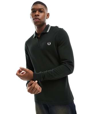 Shop Fred Perry Twin Tipped Long Sleeve Polo Shirt In Night Green