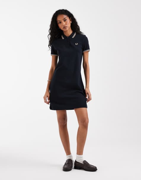 Fred Perry twin tipped mini polo dress in navy with white and peach tipping - view 1
