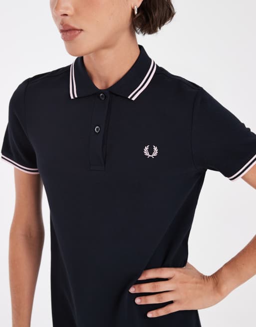 Fred Perry twin tipped polo dress in navy with pink tipping, 3 of 4