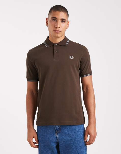 Fred Perry twin tipped polo in brown with blue tipping - view 1
