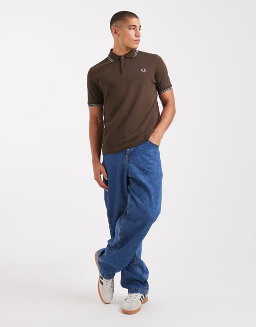 Fred Perry twin tipped polo in brown with blue tipping, 2 of 5