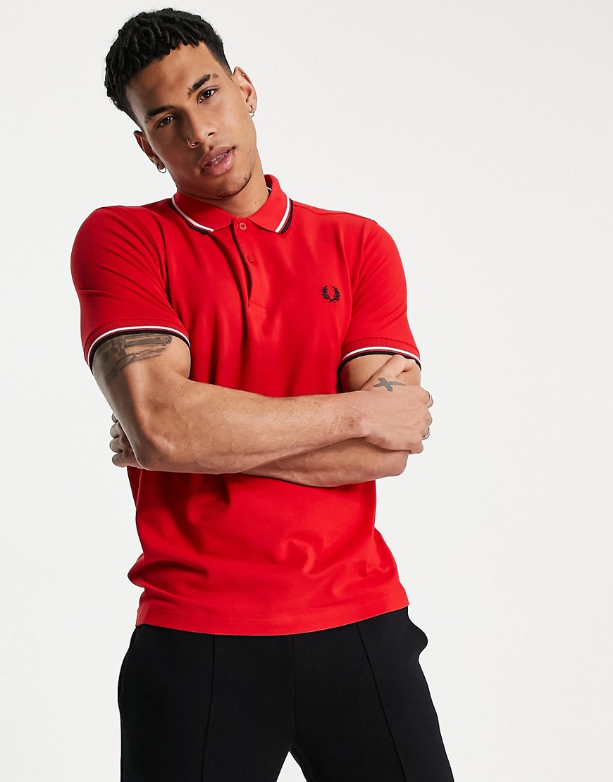 Fred Perry Twin Tipped Slim Fit Polo In Jester Red/white