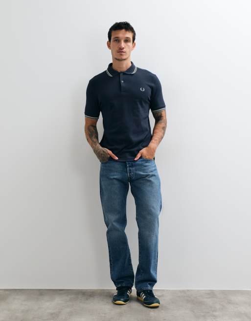 Fred Perry twin tipped polo shirt in airforce blue with ecru and green tipping , 3 of 5
