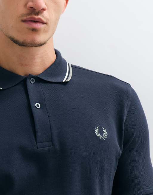 Fred Perry twin tipped polo shirt in airforce blue with ecru and green tipping , 4 of 5