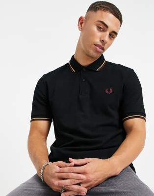 Fred Perry Twin Tipped Polo Shirt In Black/ Gold/ Burgundy In Black