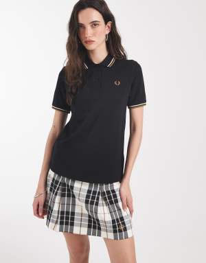 Fred Perry twin tipped polo shirt in black with caramel tipping