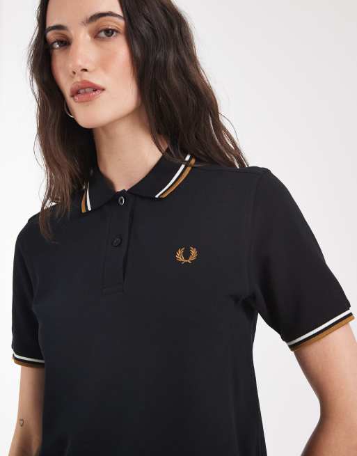 Fred Perry twin tipped polo shirt in black with caramel tipping, 2 of 4