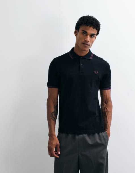 Fred Perry twin tipped polo shirt in black with plum tipping  - view 1