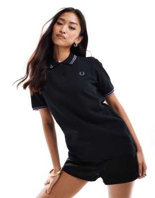 Fred Perry twin tipped polo shirt in black with purple glitter