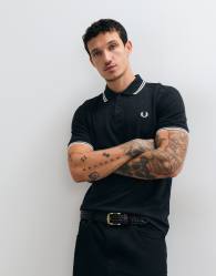 Fred Perry twin tipped polo shirt in charocal marl with cream tipping