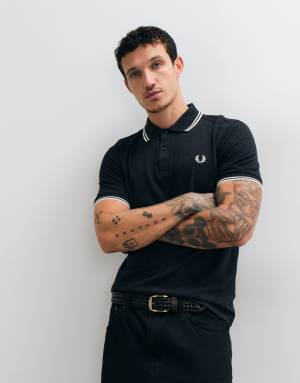 Fred Perry twin tipped polo shirt in charocal marl with cream tipping