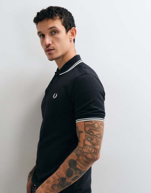 Fred Perry twin tipped polo shirt in charocal marl with cream tipping , 2 of 5