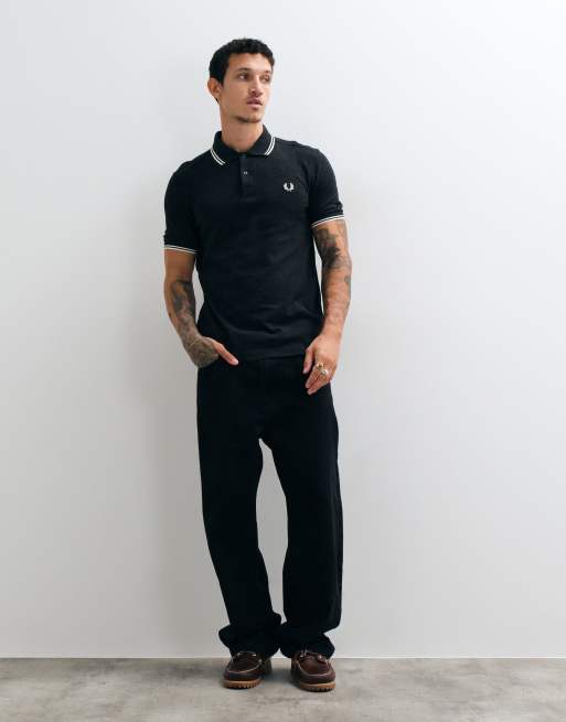 Fred Perry twin tipped polo shirt in charocal marl with cream tipping , 3 of 5