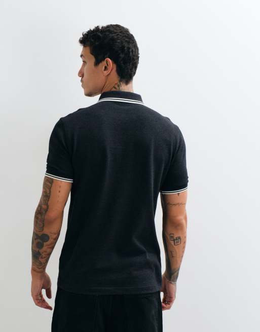Fred Perry twin tipped polo shirt in charocal marl with cream tipping , 4 of 5