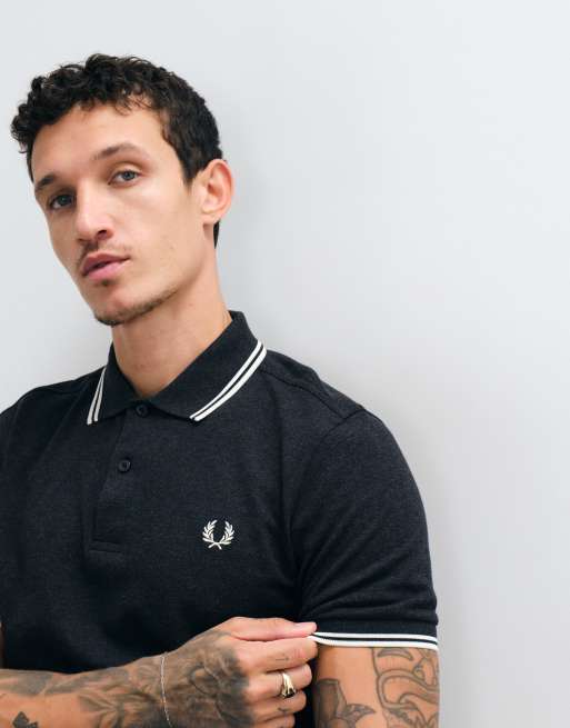 Fred Perry twin tipped polo shirt in charocal marl with cream tipping , 5 of 5