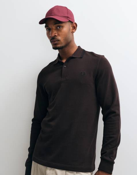 Fred Perry twin tipped polo shirt in dark brown with black tipping  - view 1