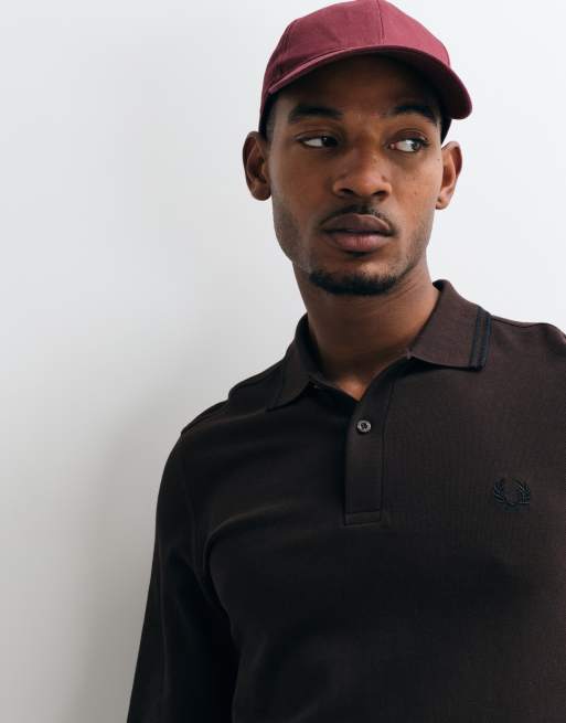 Fred Perry twin tipped polo shirt in dark brown with black tipping , 2 of 7