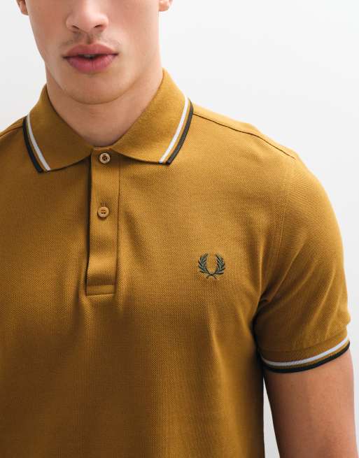 Fred Perry Twin tipped polo shirt in dark camel with white and navy tipping , 3 of 5