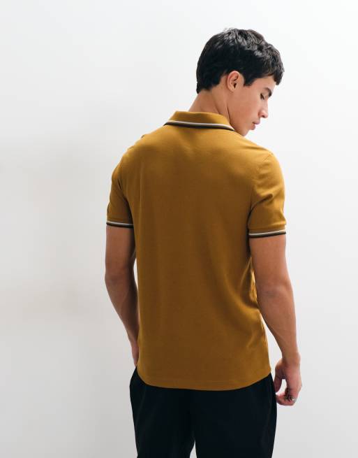 Fred Perry Twin tipped polo shirt in dark camel with white and navy tipping , 5 of 5